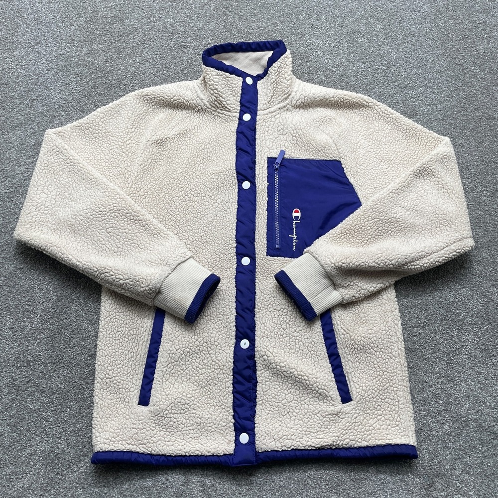 Champion Sweater Adult Small Beige Pile Fleece Snap Button High Neck Sweatshirt